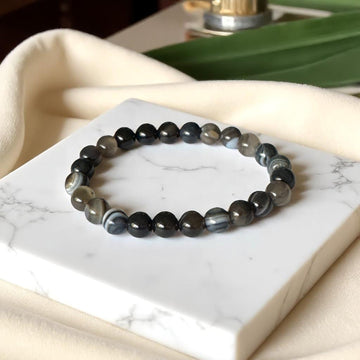 Sulemani hakik bracelet of natural banded black agate beads, the traditional stone of protection and steadiness