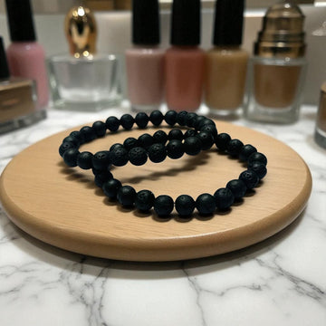 Two natural lava stone bracelets side by side, how to wear multiple crystal bracelets together