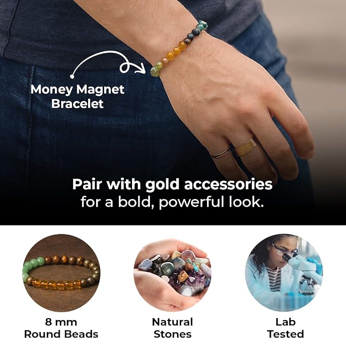 Money Magnet Bracelet worn on the wrist with gold accessories, showing 8mm round natural lab-tested beads