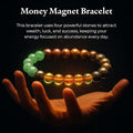 Money Magnet Bracelet held in an open palm, with pyrite, tiger eye, citrine and green aventurine beads