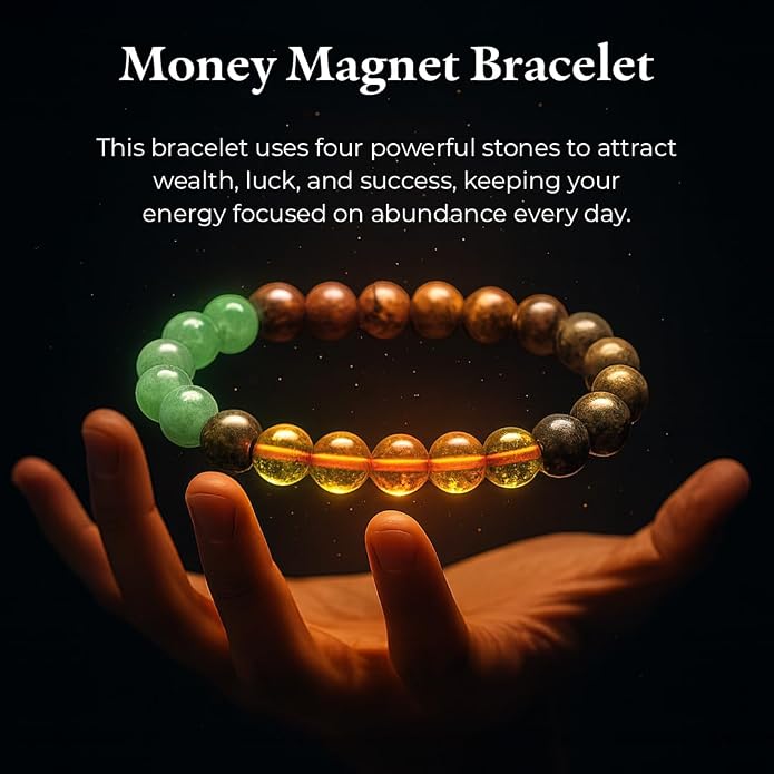 Money Magnet Bracelet held in an open palm, with pyrite, tiger eye, citrine and green aventurine beads