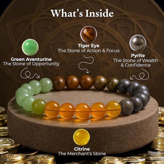 What is inside the Money Magnet Bracelet: green aventurine, tiger eye, citrine and pyrite beads labelled