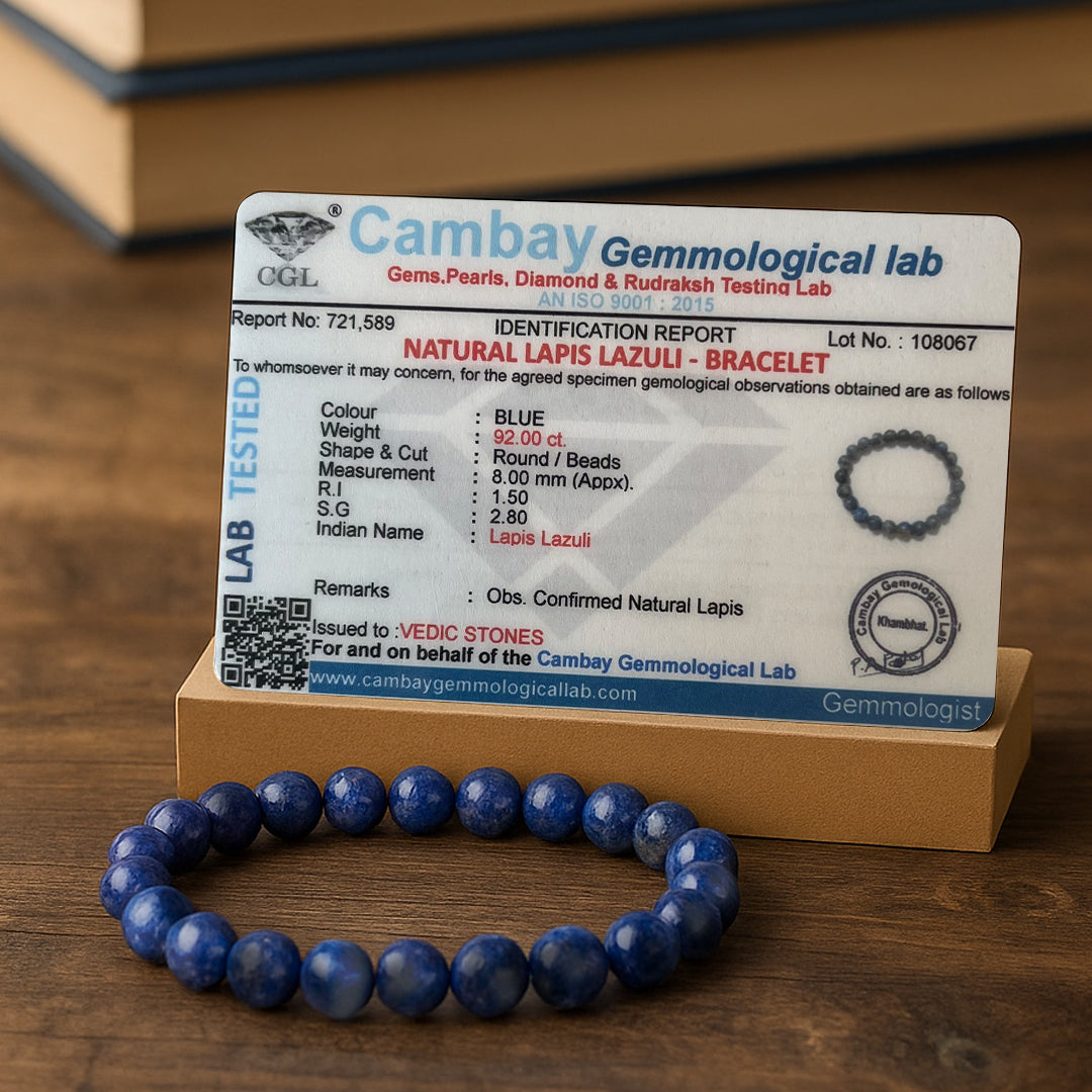 Lapis Lazuli Bracelet with its Cambay Gemmological Lab certificate confirming natural lapis lazuli