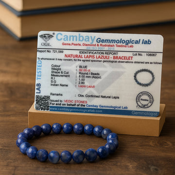 Lapis Lazuli Bracelet with its Cambay Gemmological Lab certificate confirming natural lapis lazuli