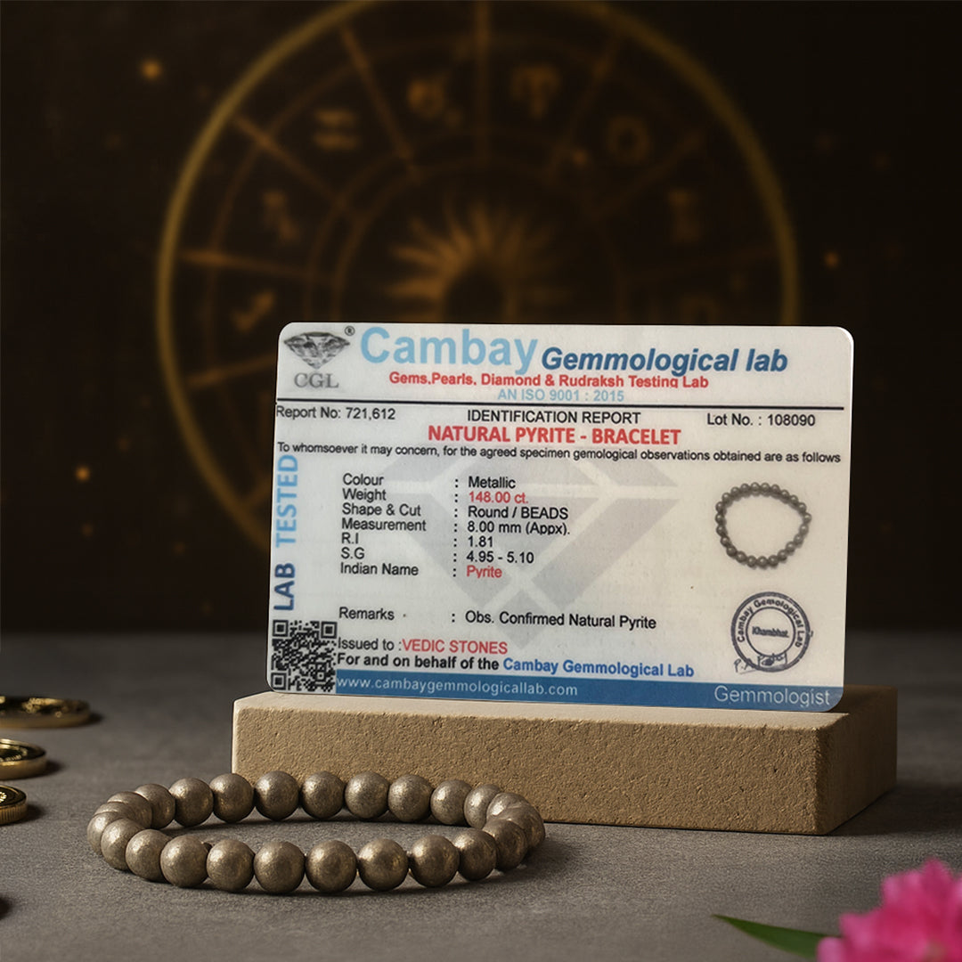 Raw Pyrite Bracelet with its Cambay Gemmological Lab certificate confirming natural pyrite
