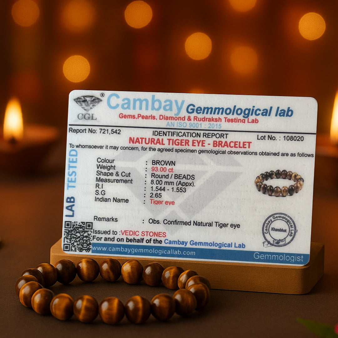 Tiger Eye Bracelet with its Cambay Gemmological Lab certificate confirming natural tiger eye
