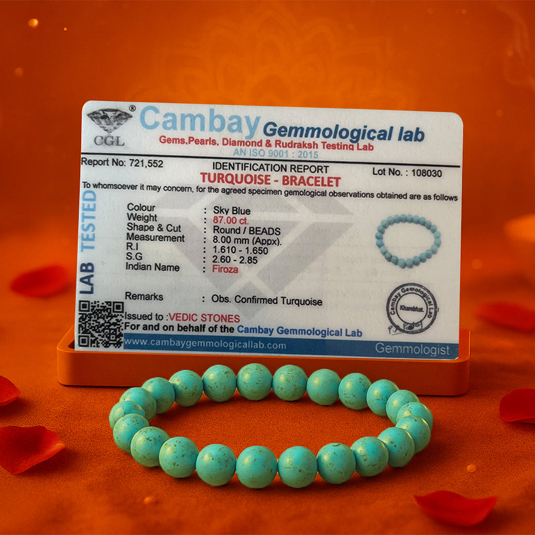 Turquoise (Firoza) Bracelet (Prem Shakti) on warm sand with rose petals, green-blue firoza beads
