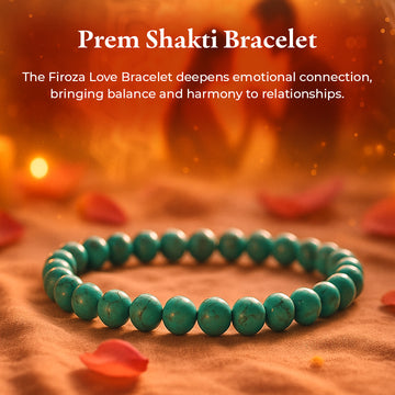 Turquoise (Firoza) Bracelet (Prem Shakti) on warm sand with rose petals, green-blue firoza beads