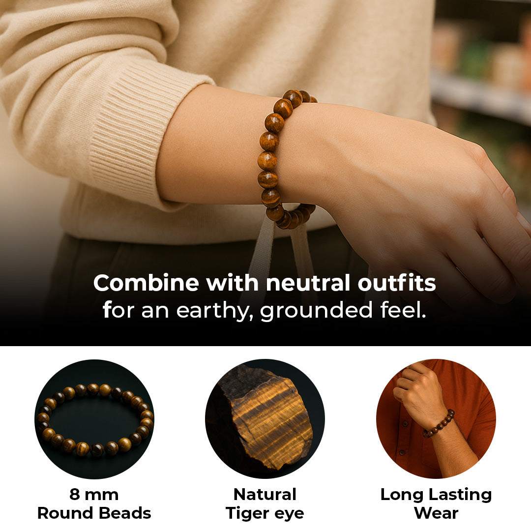 Tiger Eye Bracelet styled with neutral outfits, 8mm round natural tiger eye beads